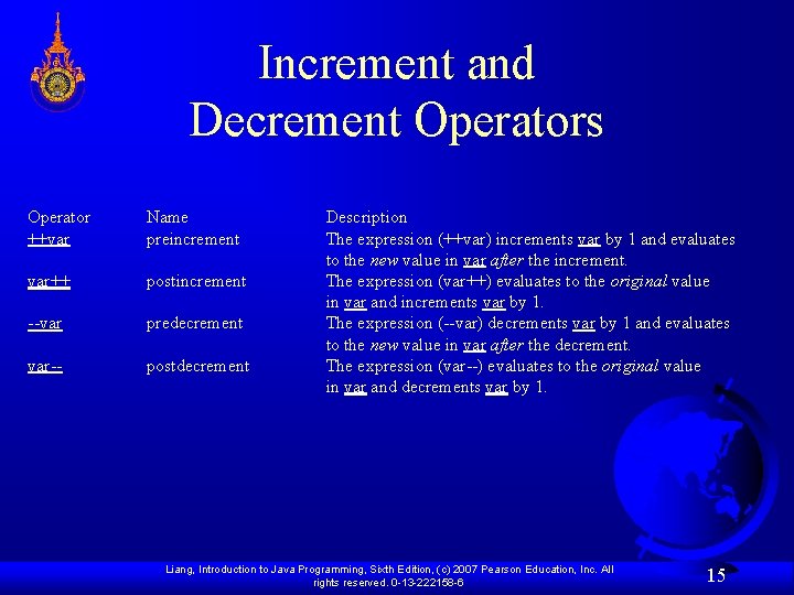 Increment and Decrement Operators Operator ++var Name preincrement var++ postincrement --var predecrement var-- postdecrement