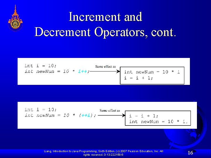 Increment and Decrement Operators, cont. Liang, Introduction to Java Programming, Sixth Edition, (c) 2007