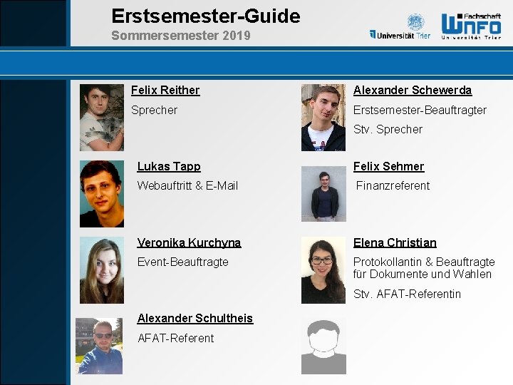 Erstsemester-Guide Sommersemester 2019 Felix Reither Alexander Schewerda Sprecher Erstsemester-Beauftragter Stv. Sprecher Lukas Tapp Felix