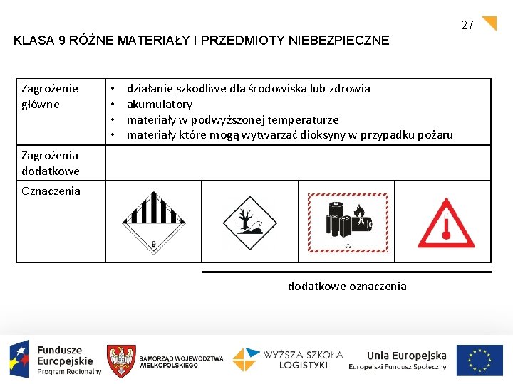 27 KLASA 9 RÓŻNE MATERIAŁY I PRZEDMIOTY NIEBEZPIECZNE Zagrożenie główne • • działanie szkodliwe