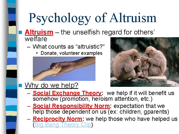 Psychology of Altruism n Altruism – the unselfish regard for others’ welfare – What