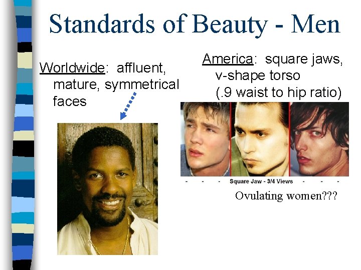 Standards of Beauty - Men Worldwide: affluent, mature, symmetrical faces America: square jaws, v-shape