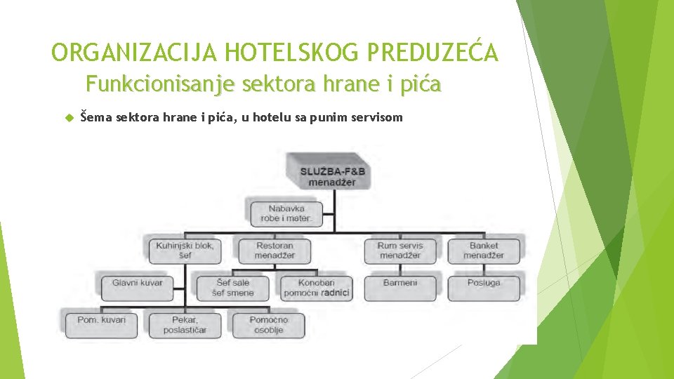 ORGANIZACIJA HOTELSKOG PREDUZEĆA Funkcionisanje sektora hrane i pića Šema sektora hrane i pića, u