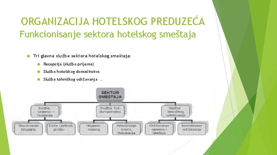 ORGANIZACIJA HOTELSKOG PREDUZEĆA Funkcionisanje sektora hotelskog smeštaja Tri glavne službe sektora hotelskog smeštaja: Recepcija