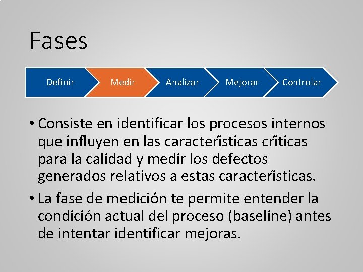 Fases Definir Medir Analizar Mejorar Controlar • Consiste en identificar los procesos internos que