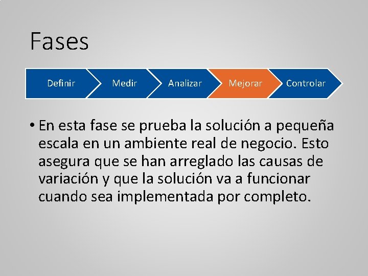 Fases Definir Medir Analizar Mejorar Controlar • En esta fase se prueba la solucio