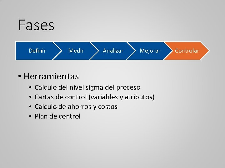 Fases Definir Medir Analizar Mejorar • Herramientas • • Calculo del nivel sigma del