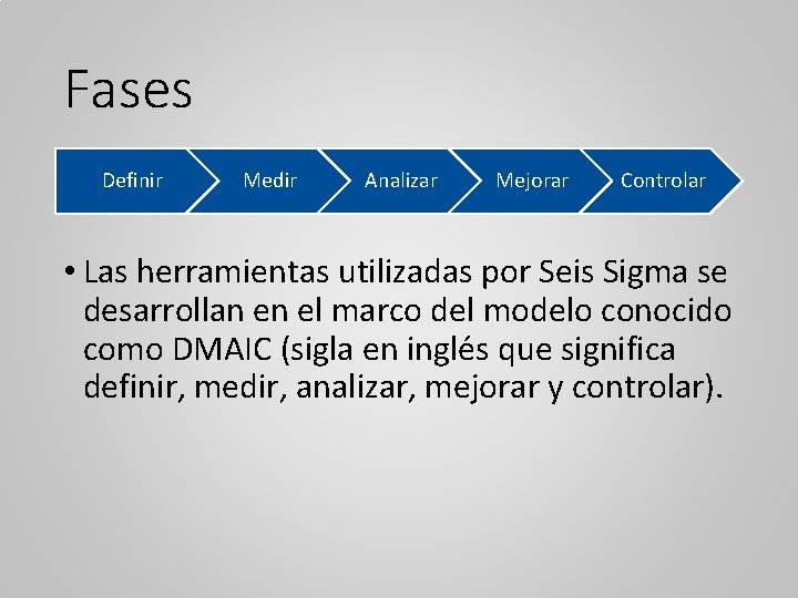 Fases Definir Medir Analizar Mejorar Controlar • Las herramientas utilizadas por Seis Sigma se