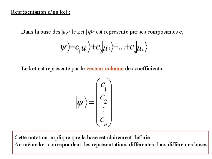 Représentation d’un ket : Dans la base des |ui> le ket |y> est représenté