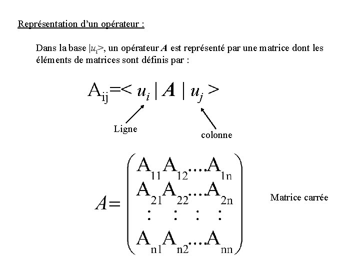 Représentation d’un opérateur : Dans la base |ui>, un opérateur A est représenté par