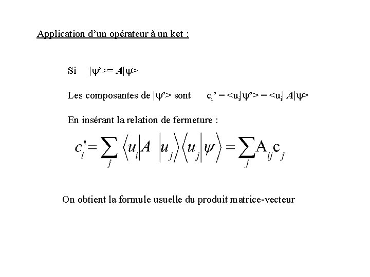 Application d’un opérateur à un ket : Si |y’>= A|y> Les composantes de |y’>