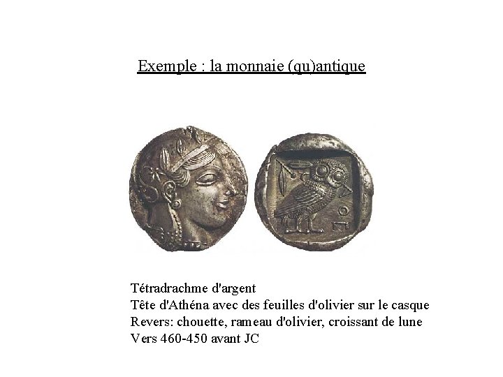 Exemple : la monnaie (qu)antique Tétradrachme d'argent Tête d'Athéna avec des feuilles d'olivier sur