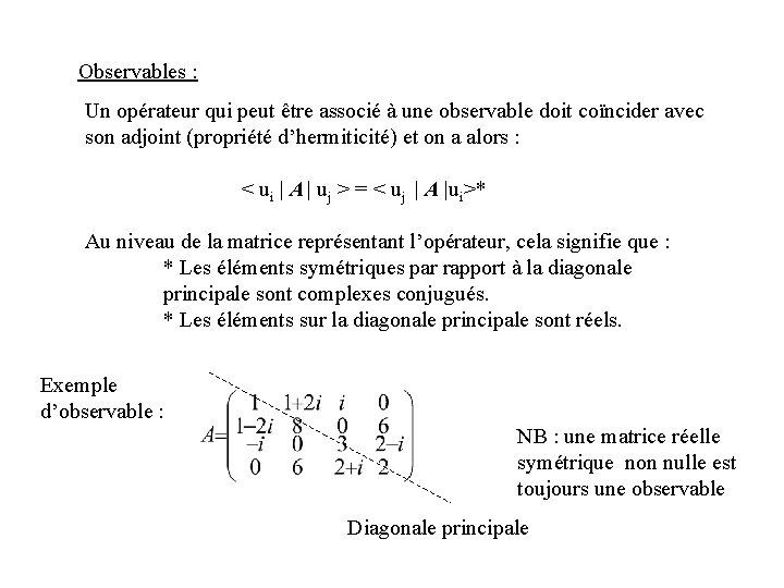 Observables : Un opérateur qui peut être associé à une observable doit coïncider avec