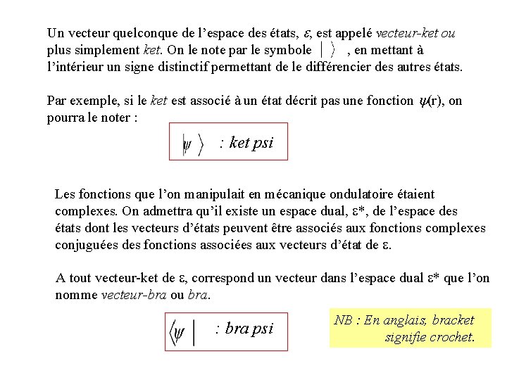 Un vecteur quelconque de l’espace des états, e, est appelé vecteur-ket ou plus simplement