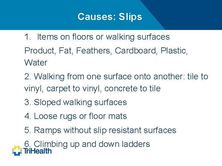 Causes: Slips 1. Items on floors or walking surfaces Product, Fat, Feathers, Cardboard, Plastic,