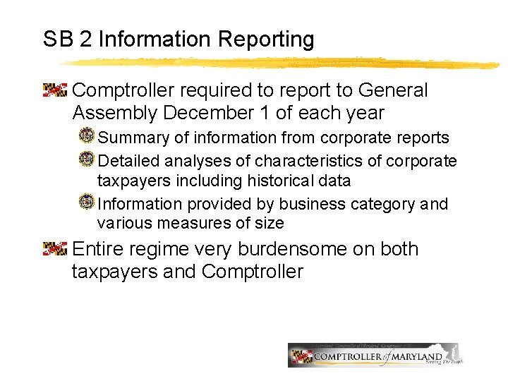 SB 2 Information Reporting Comptroller required to report to General Assembly December 1 of