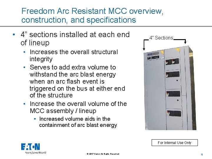 Freedom Arc Resistant MCC overview, construction, and specifications • 4” sections installed at each
