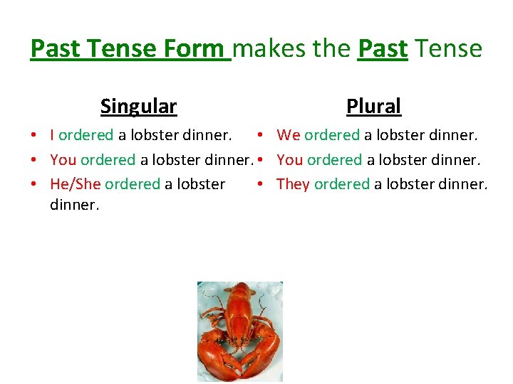 Past Tense Form makes the Past Tense Singular Plural • I ordered a lobster Past Tense Form makes the Past Tense Singular Plural • I ordered a lobster