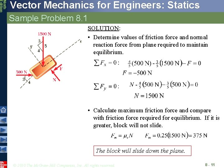 Ninth Edition Vector Mechanics for Engineers: Statics Sample Problem 8. 1 SOLUTION: • Determine