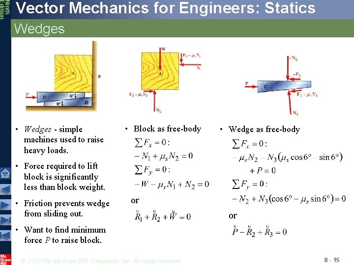 Ninth Edition Vector Mechanics for Engineers: Statics Wedges • Wedges - simple machines used