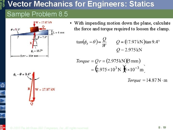Ninth Edition Vector Mechanics for Engineers: Statics Sample Problem 8. 5 • With impending