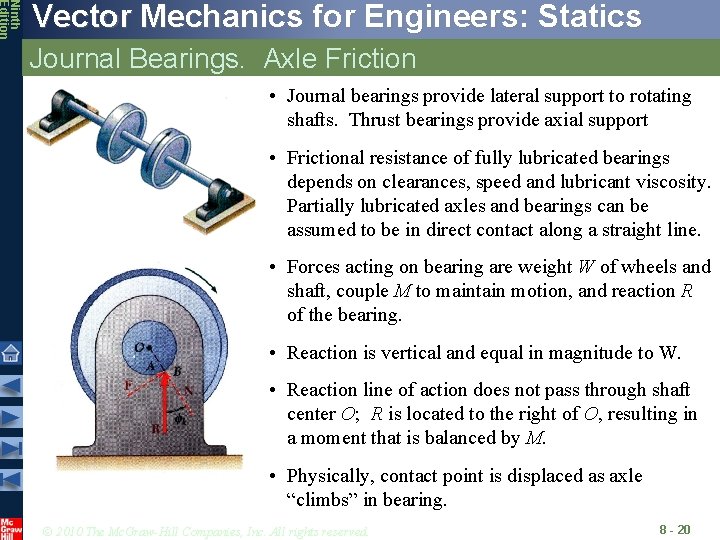 Ninth Edition Vector Mechanics for Engineers: Statics Journal Bearings. Axle Friction • Journal bearings