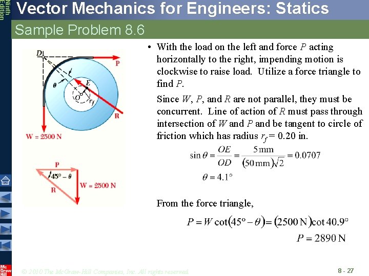 Ninth Edition Vector Mechanics for Engineers: Statics Sample Problem 8. 6 • With the