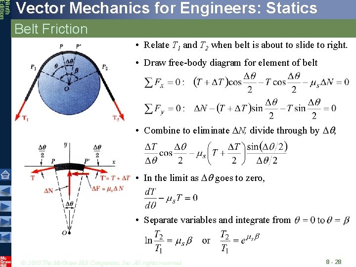 Ninth Edition Vector Mechanics for Engineers: Statics Belt Friction • Relate T 1 and