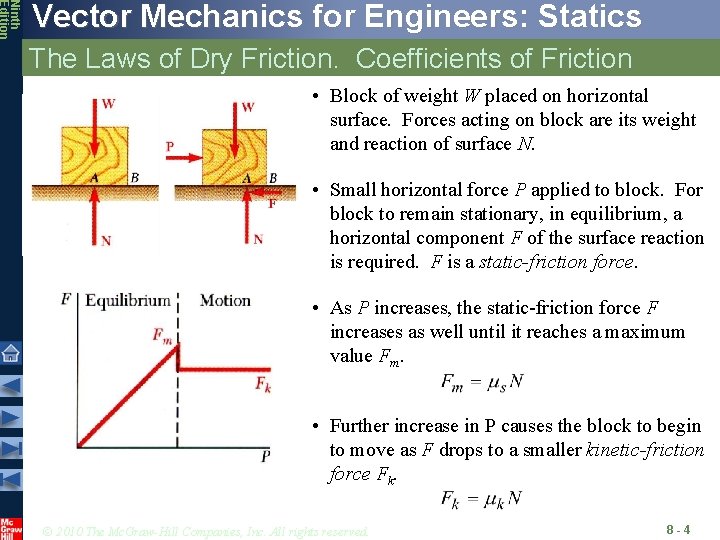 Ninth Edition Vector Mechanics for Engineers: Statics The Laws of Dry Friction. Coefficients of