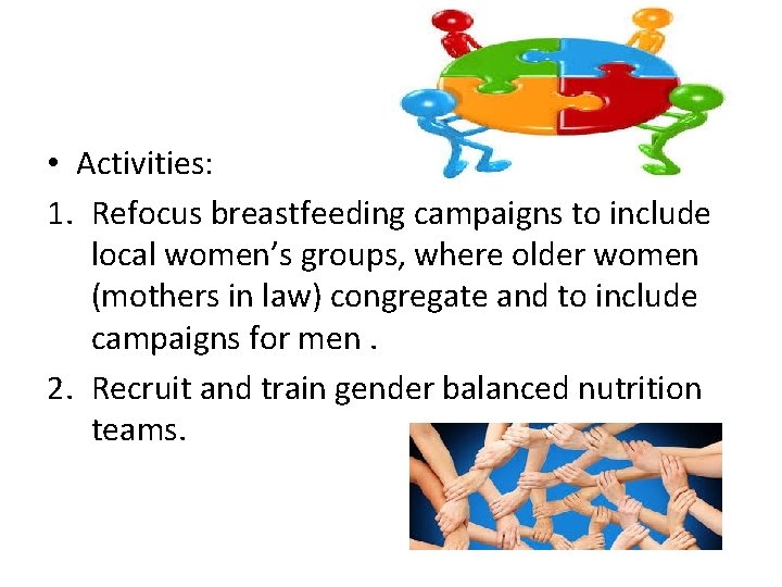  • Activities: 1. Refocus breastfeeding campaigns to include local women’s groups, where older