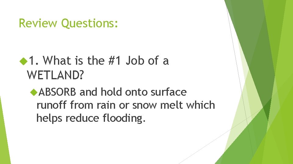 Review Questions: 1. What is the #1 Job of a WETLAND? ABSORB and hold