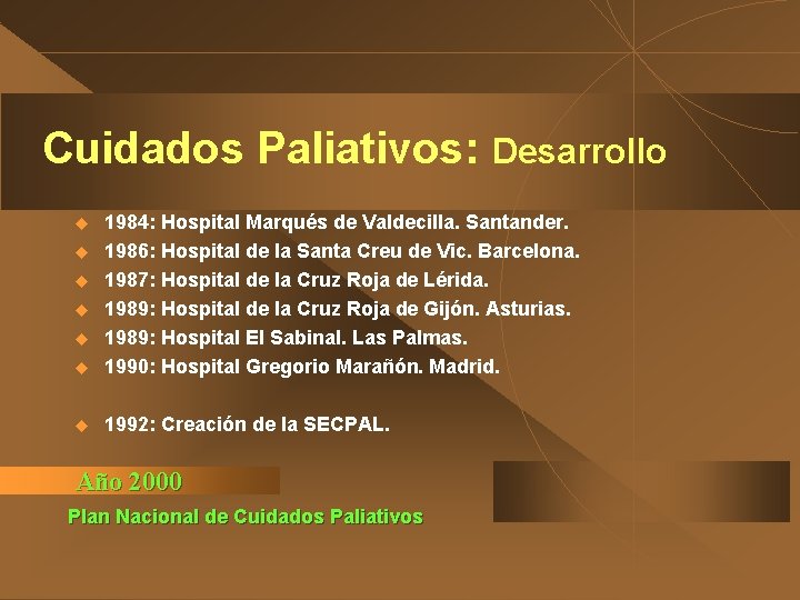 Cuidados Paliativos: Desarrollo u 1984: Hospital Marqués de Valdecilla. Santander. 1986: Hospital de la