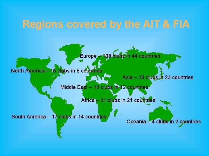 Regions covered by the AIT & FIA Europe – 108 clubs in 44 countries