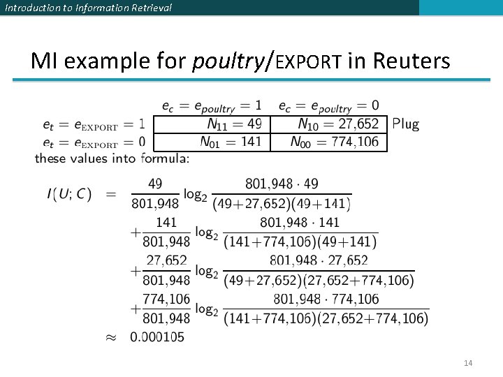 Introduction to Information Retrieval MI example for poultry/EXPORT in Reuters 14 