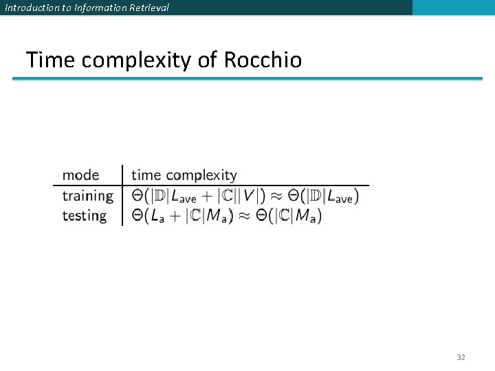 Introduction to Information Retrieval Time complexity of Rocchio 32 