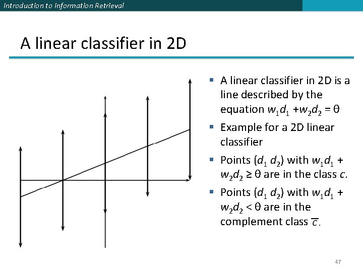 Introduction to Information Retrieval A linear classifier in 2 D § A linear classifier