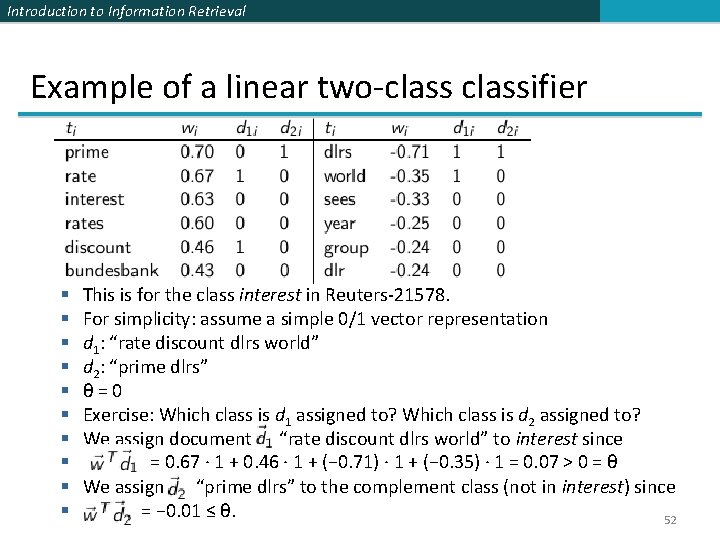Introduction to Information Retrieval Example of a linear two-classifier § § § § §