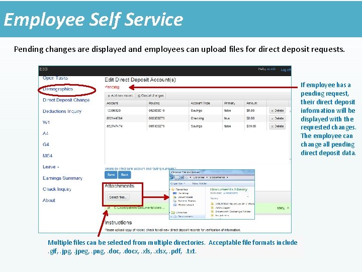 Employee Self Service Pending changes are displayed and employees can upload files for direct