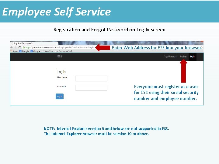 Employee Self Service Registration and Forgot Password on Log In screen Enter Web Address