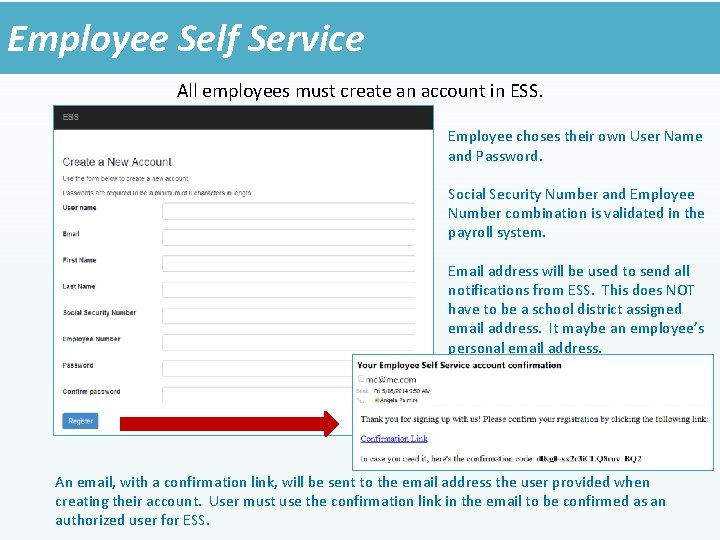 Employee Self Service All employees must create an account in ESS. Employee choses their