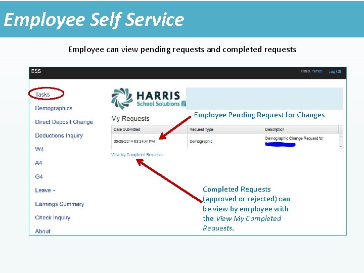 Employee Self Service Employee can view pending requests and completed requests Employee Pending Request