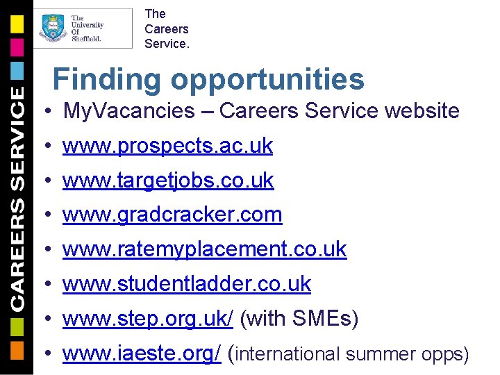 The Careers Service. Finding opportunities • My. Vacancies – Careers Service website • www.