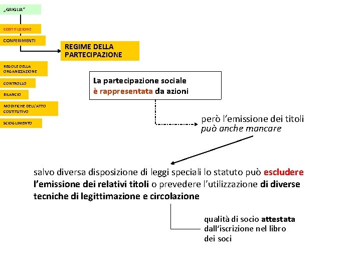 „GRIGLIA“ COSTITUZIONE CONFERIMENTI REGIME DELLA PARTECIPAZIONE REGOLE DELLA ORGANIZZAZIONE La partecipazione sociale è rappresentata