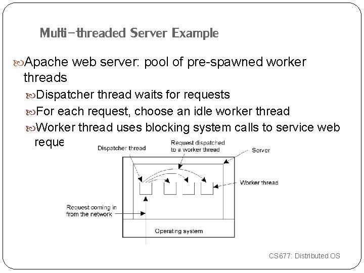 Multi-threaded Server Example Apache web server: pool of pre-spawned worker threads Dispatcher thread waits