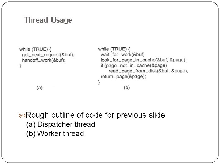 Thread Usage Rough outline of code for previous slide (a) Dispatcher thread (b) Worker