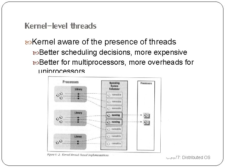 Kernel-level threads Kernel aware of the presence of threads Better scheduling decisions, more expensive