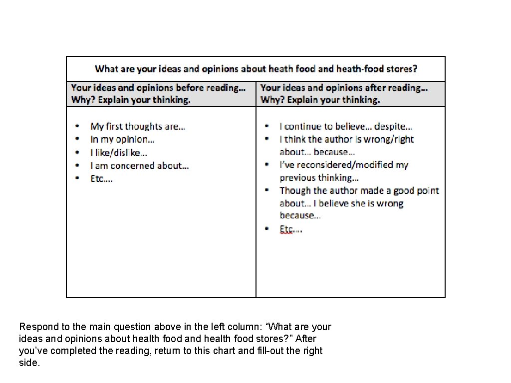 Respond to the main question above in the left column: “What are your ideas