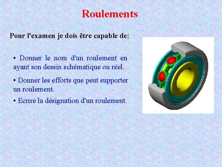 Roulements Pour l'examen je dois être capable de: • Donner le nom d'un roulement