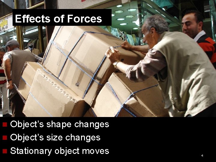 Effects of Forces Object’s shape changes n Object’s size changes n Stationary object moves