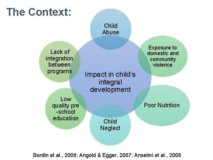 The Context: Child Abuse Lack of integration between programs Low quality pre -school education
